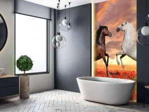 Fashion Verliefde paarden in een bloemenveld fotobehang Kinderkamer | Bloemen