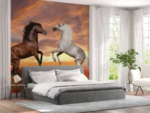 Fashion Verliefde paarden in een bloemenveld fotobehang Kinderkamer | Bloemen