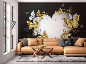Discount Versierd hart met witte en gouden vlinders fotobehang Hobbykamer | Gang