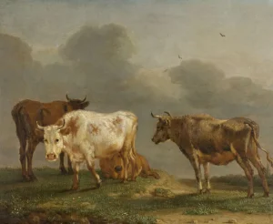 Best Vier jonge stieren in de wei fotobehang Kunst & Design | Dieren