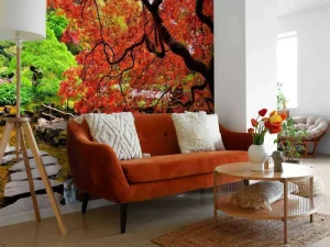 Clearance Vijver met een overhangende rode Japanse esdoorn fotobehang Bloemen