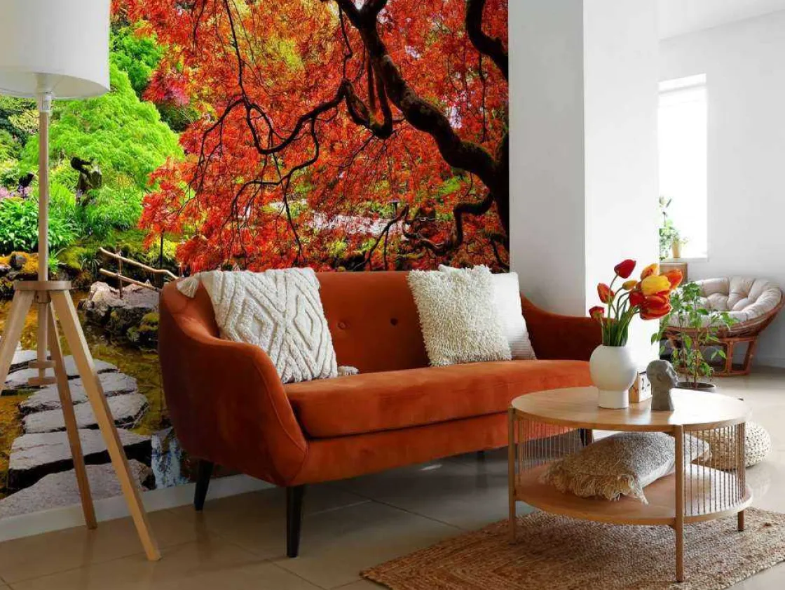 vijver_met_een_overhangen_2.webp Clearance Vijver met een overhangende rode Japanse esdoorn fotobehang Bloemen