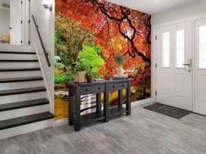 Clearance Vijver met een overhangende rode Japanse esdoorn fotobehang Bloemen
