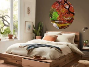 Clearance Vijver met een overhangende rode Japanse esdoorn fotobehang Bloemen