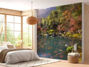 Online Vijver met tropische vissen in Japan fotobehang Bloemen