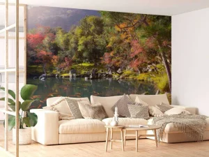 Online Vijver met tropische vissen in Japan fotobehang Bloemen