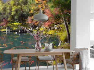 Online Vijver met tropische vissen in Japan fotobehang Bloemen