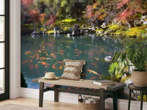 Online Vijver met tropische vissen in Japan fotobehang Bloemen
