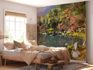 Online Vijver met tropische vissen in Japan fotobehang Bloemen