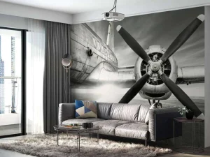 Online Vintage vliegtuig in zwart-wit fotobehang Tienerkamer | Transport