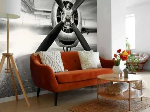 Online Vintage vliegtuig in zwart-wit fotobehang Tienerkamer | Transport