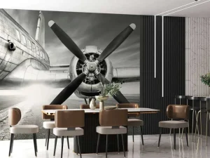 Online Vintage vliegtuig in zwart-wit fotobehang Tienerkamer | Transport