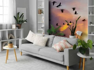 Clearance Vliegende aalscholvers bij zonsondergang fotobehang Dieren