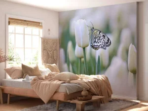 New Vlinder op een witte tulp fotobehang Dieren | Bloemen