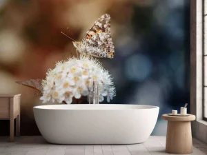 Outlet Vlinder op witte bloem fotobehang Dieren | Bloemen