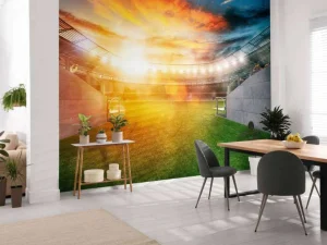 Online Voetbalstadion ingang bij zonsondergang fotobehang Tienerkamer | Kinderkamer