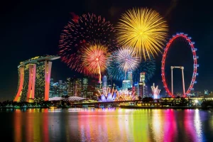 Sale Vuurwerkshow in Singapore fotobehang Architectuur