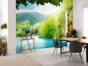 Fashion Waterval tussen de bergen fotobehang Bloemen