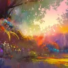 Online Wazig kleurrijk landschap schilderij fotobehang Kunst & Design