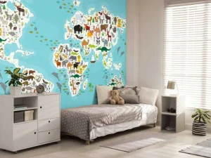 Discount Wereldkaard met dieren fotobehang Babykamer | Dieren