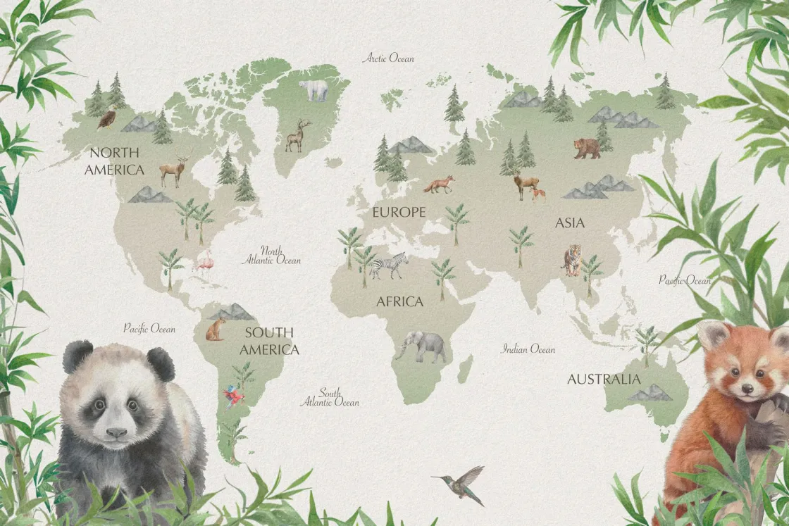 wereldkaart_met_bamboe_en_0.webp Fashion Wereldkaart met bamboe en panda's Kinderkamer