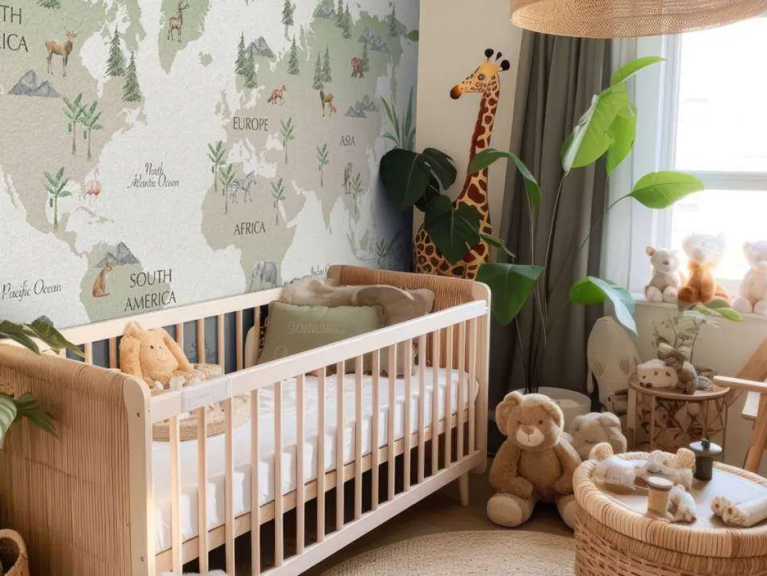 wereldkaart_met_bamboe_en_3.webp Fashion Wereldkaart met bamboe en panda's Kinderkamer
