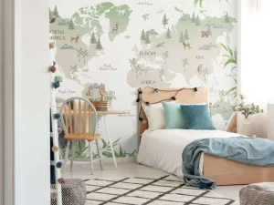 Fashion Wereldkaart met bamboe en panda's Kinderkamer
