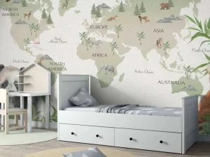 Fashion Wereldkaart met bamboe en panda's Kinderkamer
