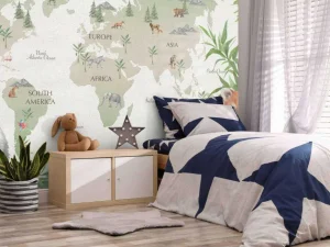 Fashion Wereldkaart met bamboe en panda's Kinderkamer
