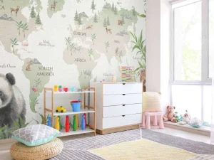 Fashion Wereldkaart met bamboe en panda's Kinderkamer