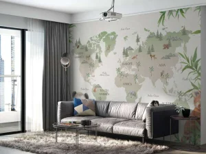 Fashion Wereldkaart met bamboe en panda's Kinderkamer