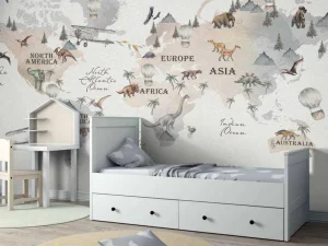 Online Wereldkaart met dino's Kinderkamer