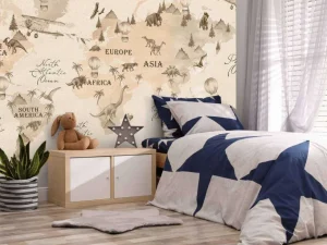 Discount Wereldkaart met dino's beige Kinderkamer