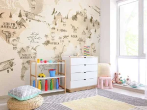 Discount Wereldkaart met dino's beige Kinderkamer