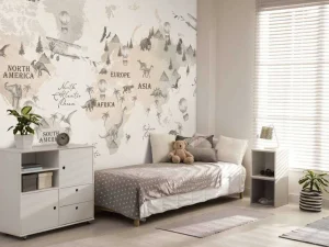 Discount Wereldkaart met dino's off-white Kinderkamer