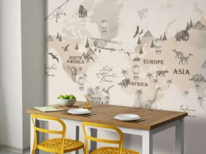 Discount Wereldkaart met dino's off-white Kinderkamer