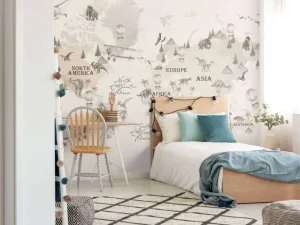 Discount Wereldkaart met dino's off-white Kinderkamer