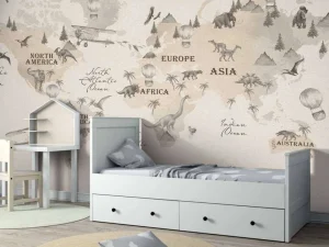 Discount Wereldkaart met dino's off-white Kinderkamer