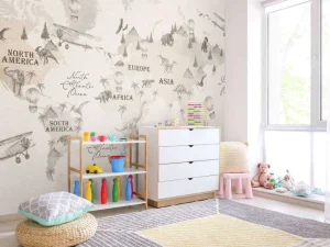 Discount Wereldkaart met dino's off-white Kinderkamer