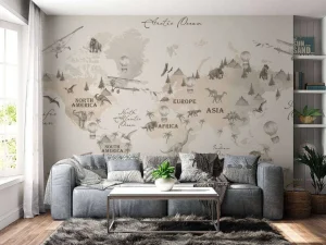 Discount Wereldkaart met dino's off-white Kinderkamer