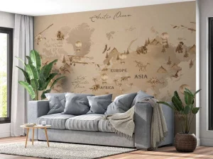 Sale Wereldkaart met dino's taupe Kinderkamer