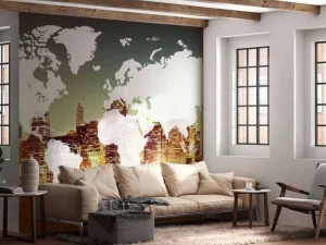 Outlet Wereldkaart met een stad op de achtergrond fotobehang Architectuur