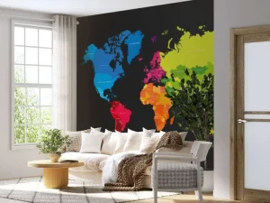 Online Wereldkaart met gekleurde continenten fotobehang Hobbykamer | Architectuur