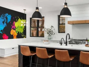 Online Wereldkaart met gekleurde continenten fotobehang Hobbykamer | Architectuur