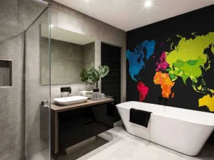 Online Wereldkaart met gekleurde continenten fotobehang Hobbykamer | Architectuur