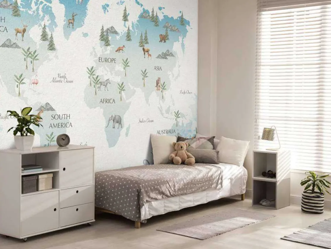 wereldkaart_met_golven_en_1.webp Hot Wereldkaart met golven en dieren Kinderkamer
