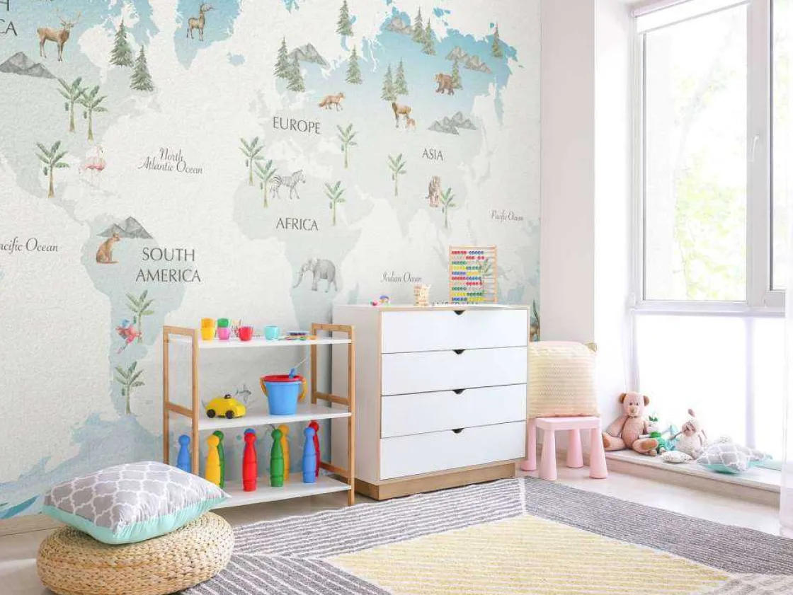 wereldkaart_met_golven_en_2.webp Hot Wereldkaart met golven en dieren Kinderkamer