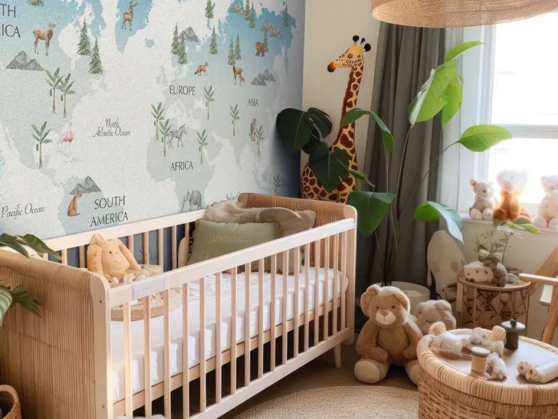 wereldkaart_met_golven_en_3.webp Hot Wereldkaart met golven en dieren Kinderkamer
