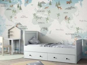 Hot Wereldkaart met golven en dieren Kinderkamer