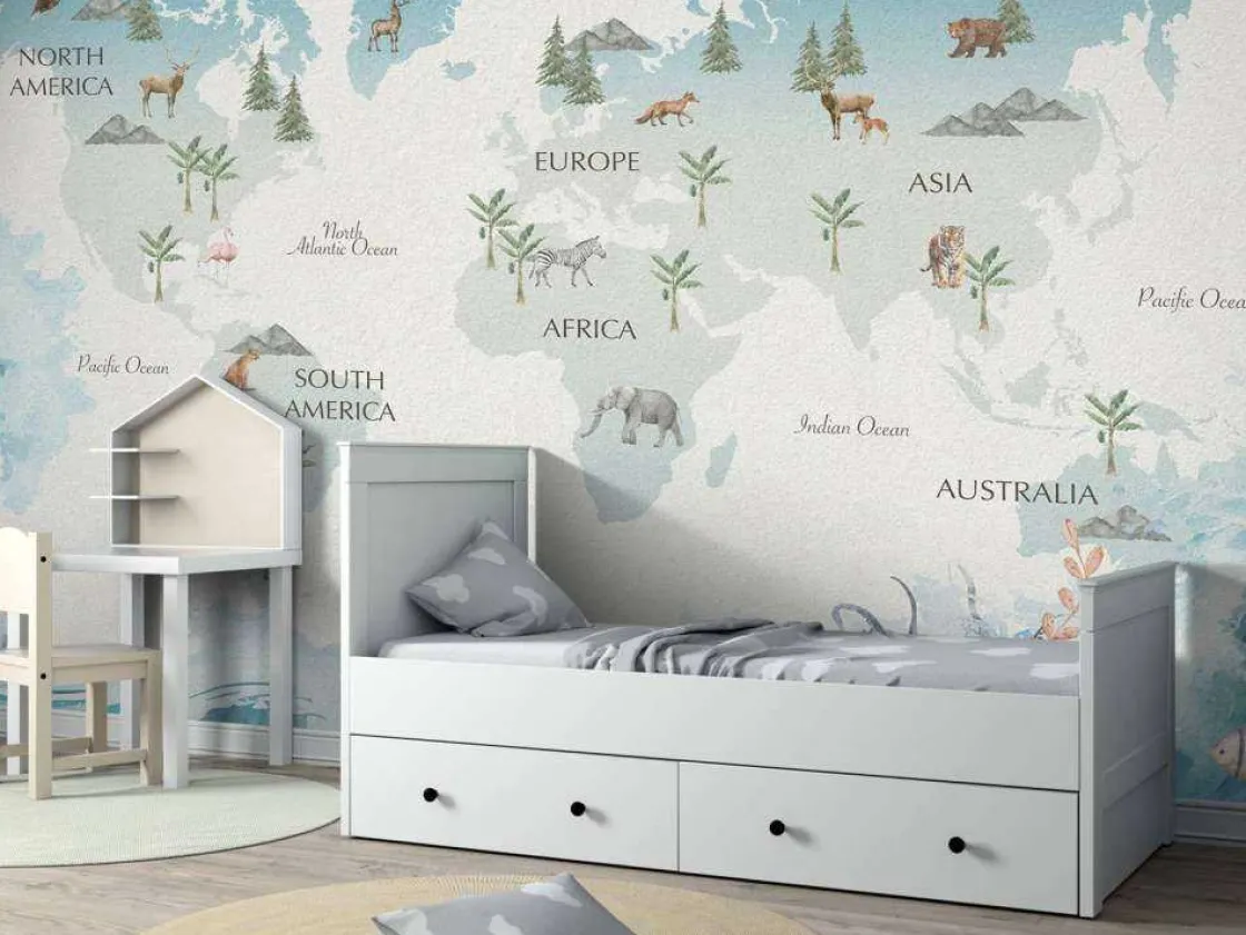 wereldkaart_met_golven_en_5.webp Hot Wereldkaart met golven en dieren Kinderkamer